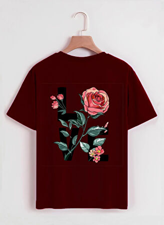 Unisex Oversize Bisiklet Yaka Rose Love Baskılı Basic T-Shirt - BORDO