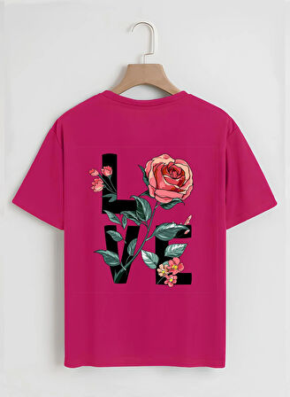 Unisex Oversize Bisiklet Yaka Rose Love Baskılı Basic T-Shirt - FUŞYA