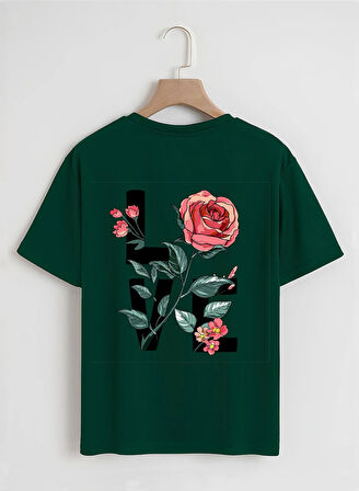 Unisex Oversize Bisiklet Yaka Rose Love Baskılı Basic T-Shirt - KOYU YEŞİL