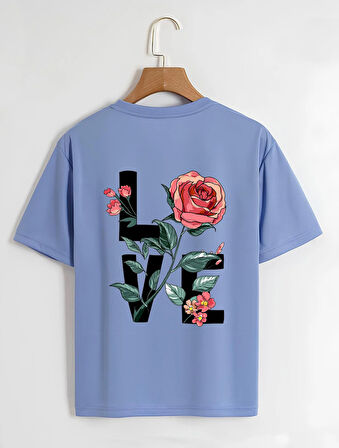 Unisex Oversize Bisiklet Yaka Rose Love Baskılı Basic T-Shirt - MAVİ