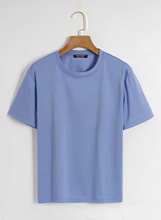 Unisex Oversize Bisiklet Yaka Rose Love Baskılı Basic T-Shirt - MAVİ