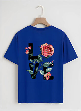 Unisex Oversize Bisiklet Yaka Rose Love Baskılı Basic T-Shirt - SAKS MAVİSİ