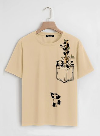 Unisex Oversize Bisiklet Yaka Climbing Panda Baskılı Basic T-Shirt - BEJ