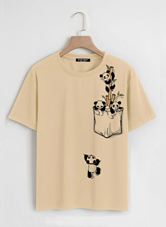 Unisex Oversize Bisiklet Yaka Climbing Panda Baskılı Basic T-Shirt - BEJ