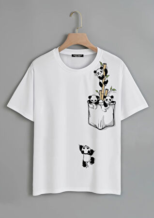 Unisex Oversize Bisiklet Yaka Climbing Panda Baskılı Basic T-Shirt - BEYAZ