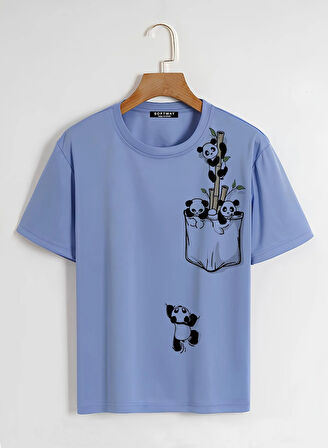 Unisex Oversize Bisiklet Yaka Climbing Panda Baskılı Basic T-Shirt - MAVİ