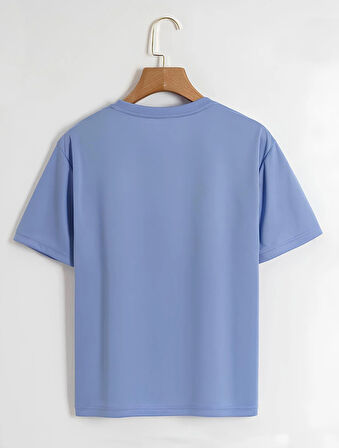 Unisex Oversize Bisiklet Yaka Climbing Panda Baskılı Basic T-Shirt - MAVİ