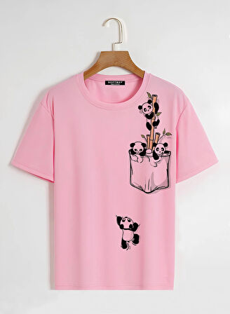 Unisex Oversize Bisiklet Yaka Climbing Panda Baskılı Basic T-Shirt - PEMBE