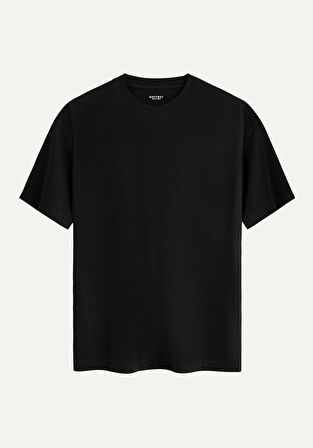 Unisex Bisiklet Yaka %100 Organik Pamuklu Kalın Dokulu Düz Oversize T-shirt - SİYAH