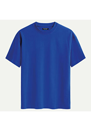Unisex Bisiklet Yaka %100 Organik Pamuklu Kalın Dokulu Düz Oversize T-shirt - SAKS MAVİSİ
