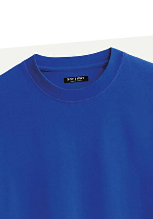 Unisex Bisiklet Yaka %100 Organik Pamuklu Kalın Dokulu Düz Oversize T-shirt - SAKS MAVİSİ