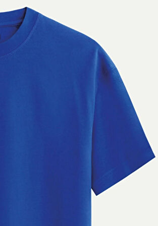 Unisex Bisiklet Yaka %100 Organik Pamuklu Kalın Dokulu Düz Oversize T-shirt - SAKS MAVİSİ