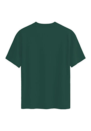Unisex Bisiklet Yaka %100 Organik Pamuklu Kalın Dokulu Düz Oversize T-shirt - KOYU YEŞİL