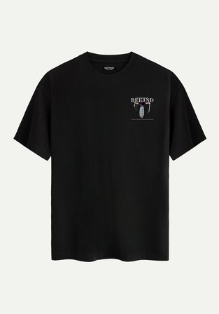 Unisex Bisiklet Yaka %100 Organik Pamuklu Kalın Dokulu Behind Baskılı Oversize T-shirt - SİYAH