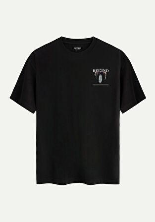 Unisex Bisiklet Yaka %100 Organik Pamuklu Kalın Dokulu Behind Baskılı Oversize T-shirt - SİYAH