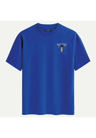 Unisex Bisiklet Yaka %100 Organik Pamuklu Kalın Dokulu Behind Baskılı Oversize T-shirt - SAKS MAVİSİ