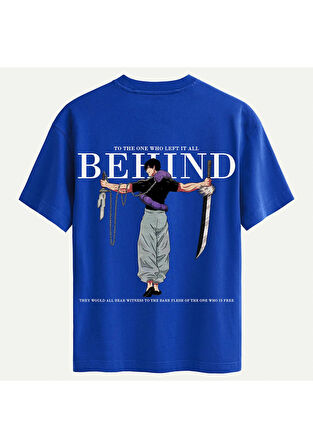 Unisex Bisiklet Yaka %100 Organik Pamuklu Kalın Dokulu Behind Baskılı Oversize T-shirt - SAKS MAVİSİ