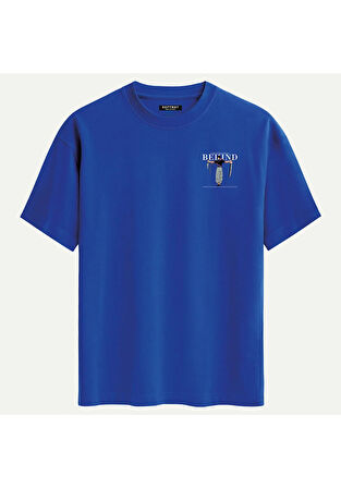 Unisex Bisiklet Yaka %100 Organik Pamuklu Kalın Dokulu Behind Baskılı Oversize T-shirt - SAKS MAVİSİ