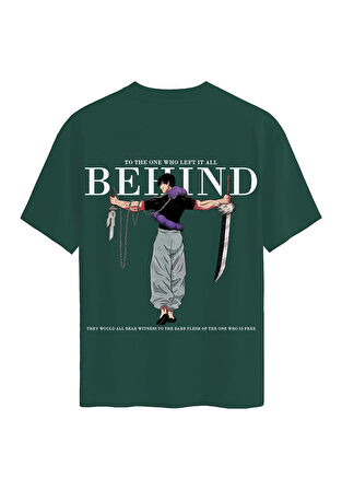 Unisex Bisiklet Yaka %100 Organik Pamuklu Kalın Dokulu Behind Baskılı Oversize T-shirt - KOYU YEŞİL