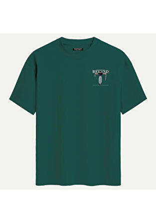 Unisex Bisiklet Yaka %100 Organik Pamuklu Kalın Dokulu Behind Baskılı Oversize T-shirt - KOYU YEŞİL