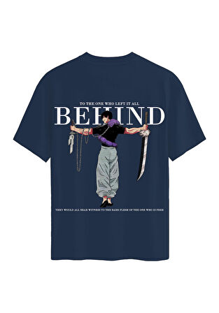 Unisex Bisiklet Yaka %100 Organik Pamuklu Kalın Dokulu Behind Baskılı Oversize T-shirt - LACİVERT