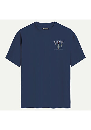 Unisex Bisiklet Yaka %100 Organik Pamuklu Kalın Dokulu Behind Baskılı Oversize T-shirt - LACİVERT