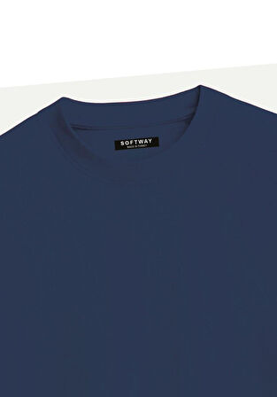 Unisex Bisiklet Yaka %100 Organik Pamuklu Kalın Dokulu Behind Baskılı Oversize T-shirt - LACİVERT