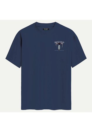 Unisex Bisiklet Yaka %100 Organik Pamuklu Kalın Dokulu Behind Baskılı Oversize T-shirt - LACİVERT