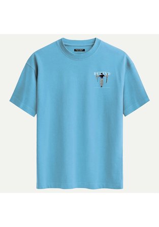 Unisex Bisiklet Yaka %100 Organik Pamuklu Kalın Dokulu Behind Baskılı Oversize T-shirt - MAVİ