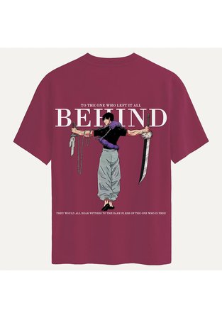 Unisex Bisiklet Yaka %100 Organik Pamuklu Kalın Dokulu Behind Baskılı Oversize T-shirt - BORDO