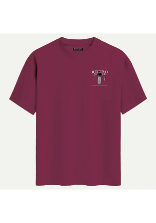 Unisex Bisiklet Yaka %100 Organik Pamuklu Kalın Dokulu Behind Baskılı Oversize T-shirt - BORDO