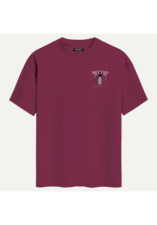Unisex Bisiklet Yaka %100 Organik Pamuklu Kalın Dokulu Behind Baskılı Oversize T-shirt - BORDO