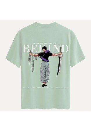 Unisex Bisiklet Yaka %100 Organik Pamuklu Kalın Dokulu Behind Baskılı Oversize T-shirt - BEJ