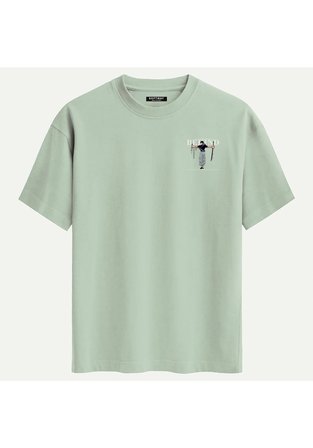 Unisex Bisiklet Yaka %100 Organik Pamuklu Kalın Dokulu Behind Baskılı Oversize T-shirt - BEJ