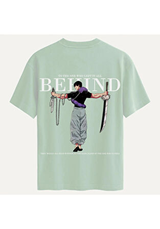 Unisex Bisiklet Yaka %100 Organik Pamuklu Kalın Dokulu Behind Baskılı Oversize T-shirt - BEJ