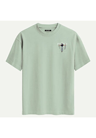 Unisex Bisiklet Yaka %100 Organik Pamuklu Kalın Dokulu Behind Baskılı Oversize T-shirt - BEJ