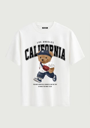 Unisex Bisiklet Yaka %100 Organik Pamuklu Kalın Dokulu California Baskılı Oversize T-shirt - BEYAZ