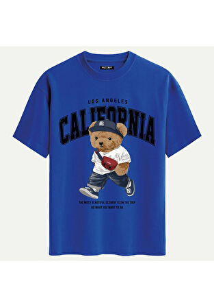 Unisex Bisiklet Yaka %100 Organik Pamuklu Kalın Dokulu California Baskılı Oversize T-shirt - SAKS MAVİSİ