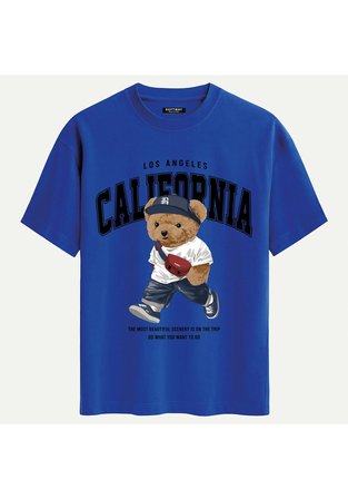 Unisex Bisiklet Yaka %100 Organik Pamuklu Kalın Dokulu California Baskılı Oversize T-shirt - SAKS MAVİSİ