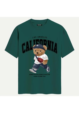 Unisex Bisiklet Yaka %100 Organik Pamuklu Kalın Dokulu California Baskılı Oversize T-shirt - KOYU YEŞİL