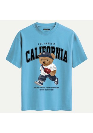 Unisex Bisiklet Yaka %100 Organik Pamuklu Kalın Dokulu California Baskılı Oversize T-shirt - MAVİ