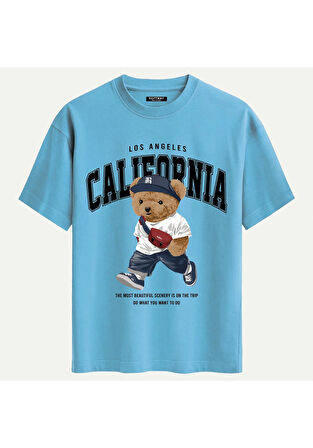 Unisex Bisiklet Yaka %100 Organik Pamuklu Kalın Dokulu California Baskılı Oversize T-shirt - MAVİ