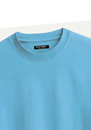 Unisex Bisiklet Yaka %100 Organik Pamuklu Kalın Dokulu California Baskılı Oversize T-shirt - MAVİ