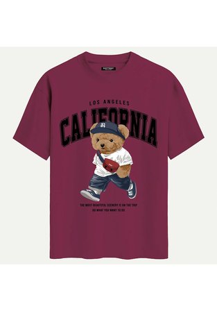 Unisex Bisiklet Yaka %100 Organik Pamuklu Kalın Dokulu California Baskılı Oversize T-shirt - BORDO