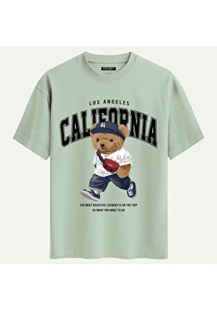 Unisex Bisiklet Yaka %100 Organik Pamuklu Kalın Dokulu California Baskılı Oversize T-shirt - BEJ