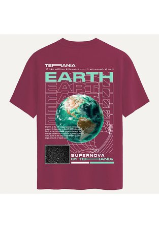 Unisex Bisiklet Yaka %100 Organik Pamuklu Kalın Dokulu Earth Baskılı Oversize T-shirt - BORDO