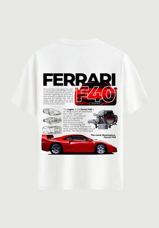 Unisex Bisiklet Yaka %100 Organik Pamuklu Kalın Dokulu Ferrari F40 Baskılı Oversize T-shirt - BEYAZ