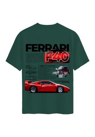 Unisex Bisiklet Yaka %100 Organik Pamuklu Kalın Dokulu Ferrari F40 Baskılı Oversize T-shirt - KOYU YEŞİL