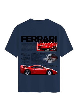 Unisex Bisiklet Yaka %100 Organik Pamuklu Kalın Dokulu Ferrari F40 Baskılı Oversize T-shirt - LACİVERT