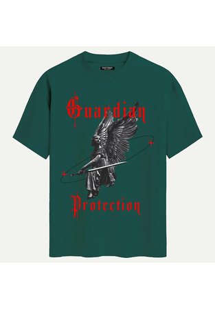 Unisex Bisiklet Yaka %100 Organik Pamuklu Kalın Dokulu Guardian Protection Baskılı Oversize T-shirt - KOYU YEŞİL